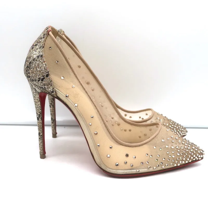 Christian Louboutin Follies Strass 100 Pumps Nude Mesh & Gold Glitter Size 37