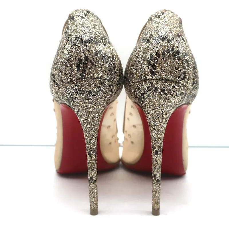 Christian Louboutin Follies Strass 100 Pumps Nude Mesh & Gold Glitter Size 37