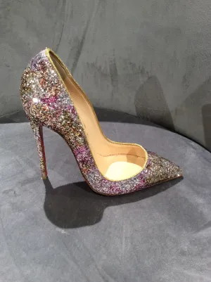 Christian Louboutin Rosette/Gold So Kate 120 Glitter Aquarium/Ruban Met Pumps Size 5/35