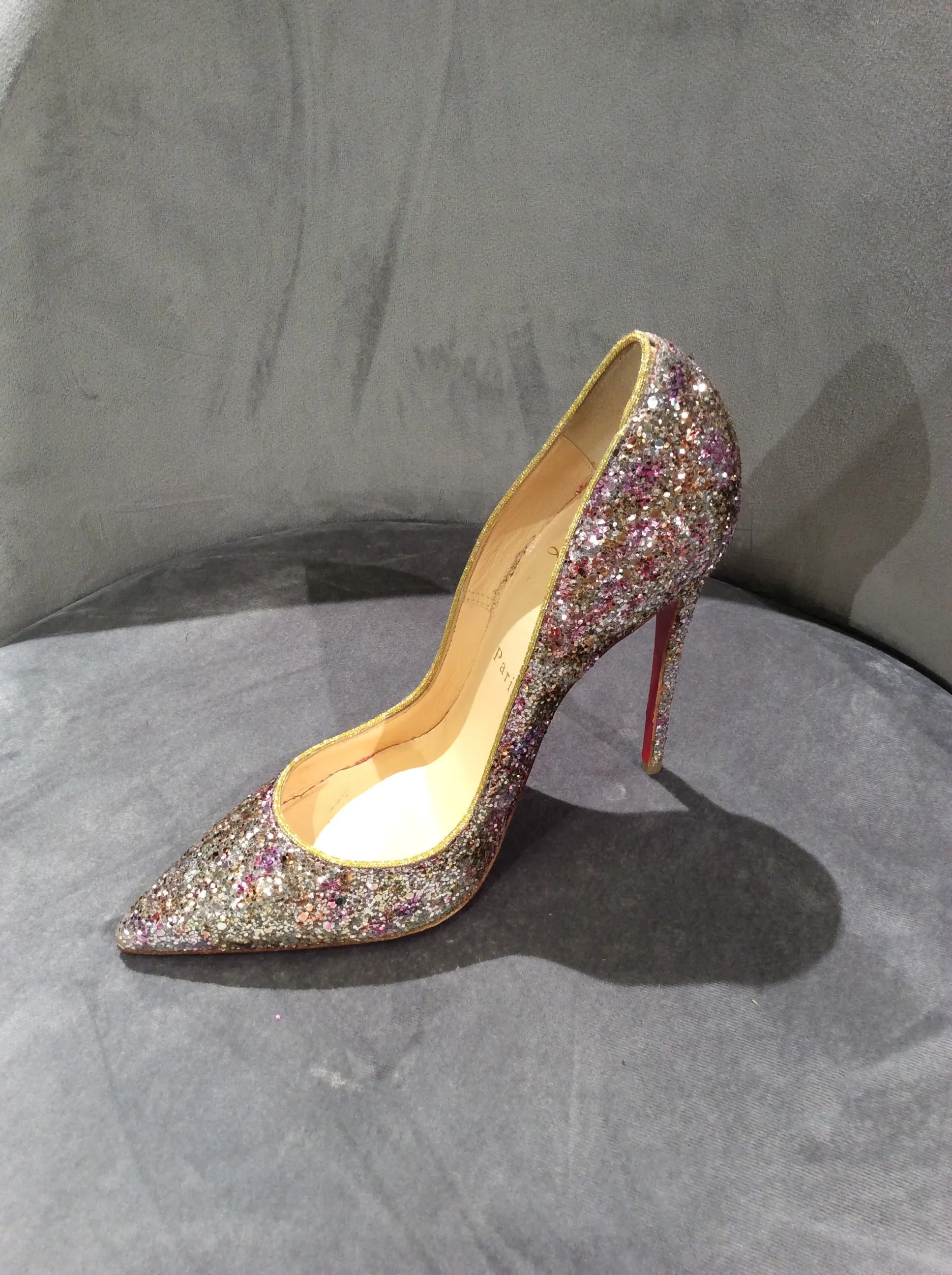 Christian Louboutin Rosette/Gold So Kate 120 Glitter Aquarium/Ruban Met Pumps Size 5/35