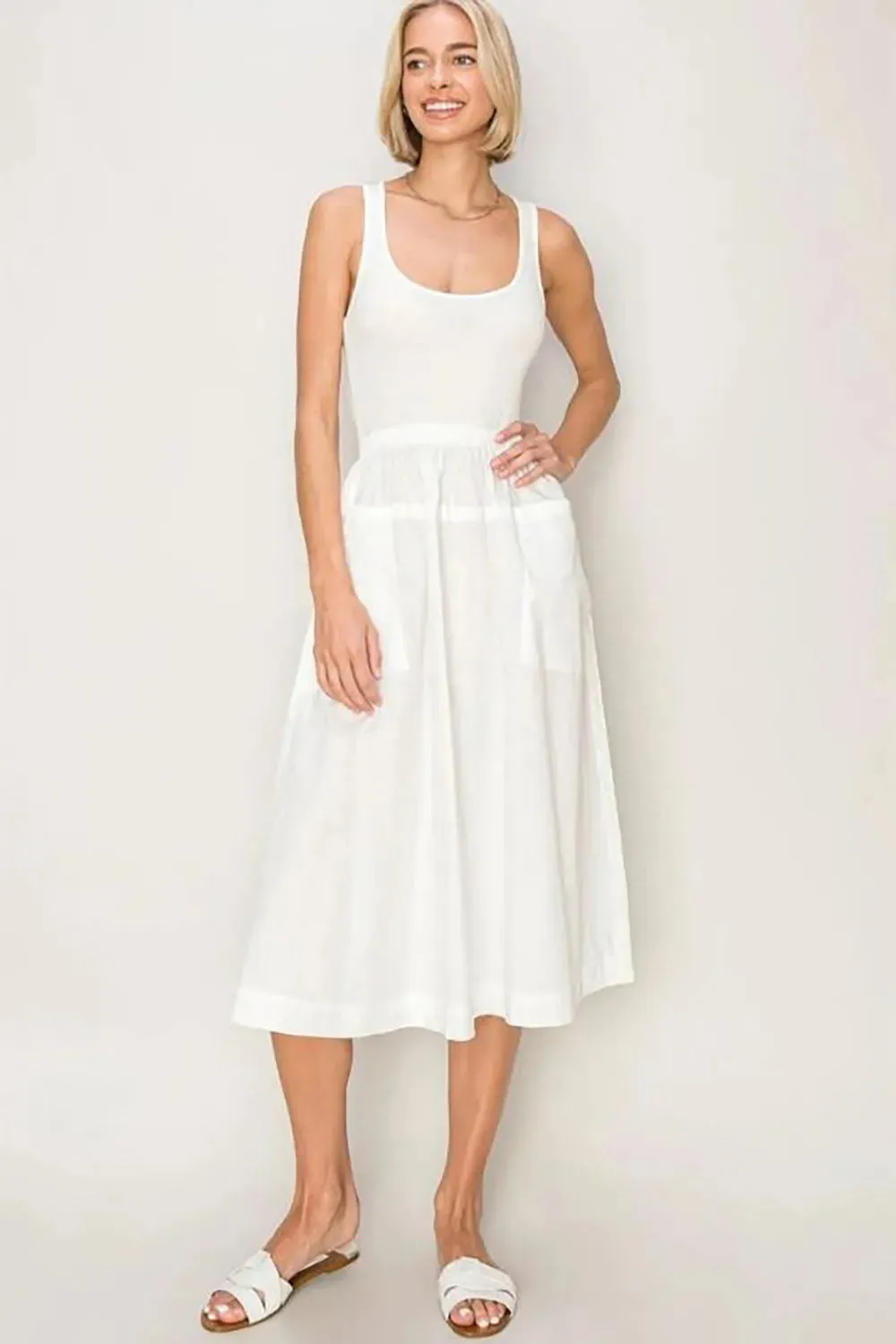 Classic Square Neck Fitted Bodice Pockets Cotton Midi Dress