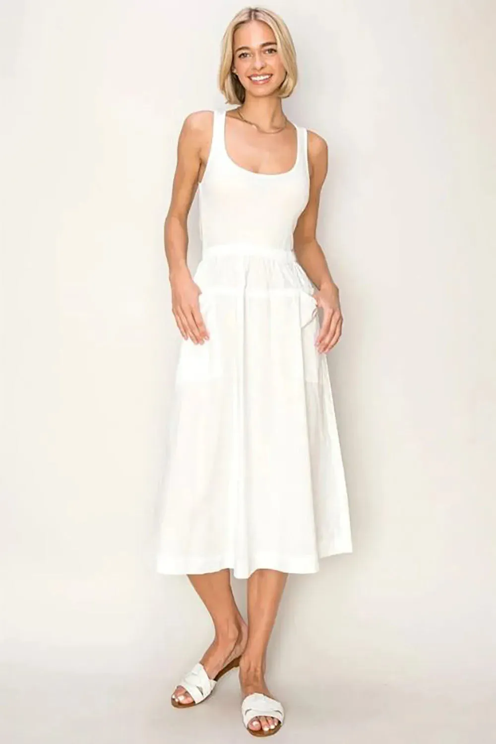 Classic Square Neck Fitted Bodice Pockets Cotton Midi Dress