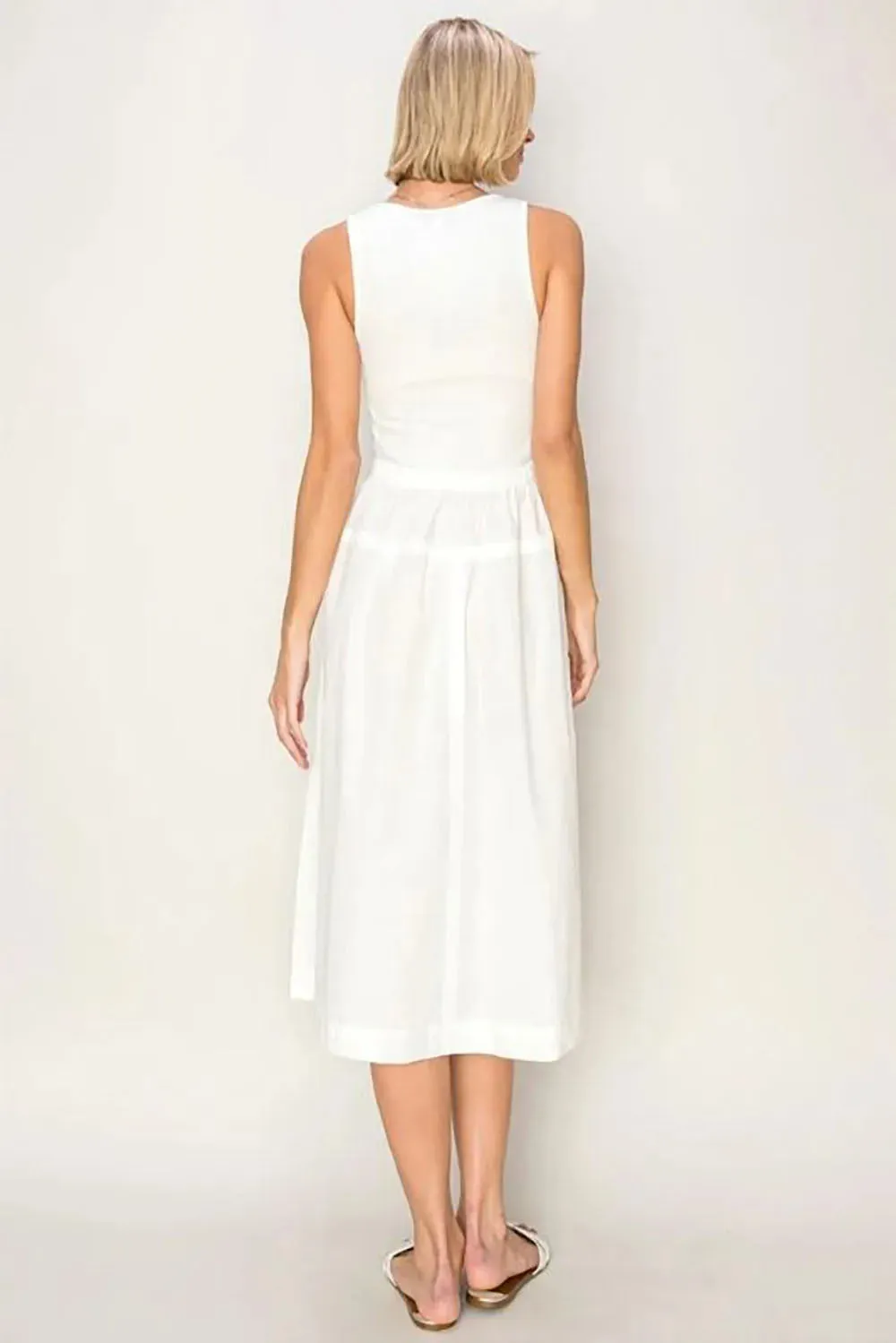 Classic Square Neck Fitted Bodice Pockets Cotton Midi Dress