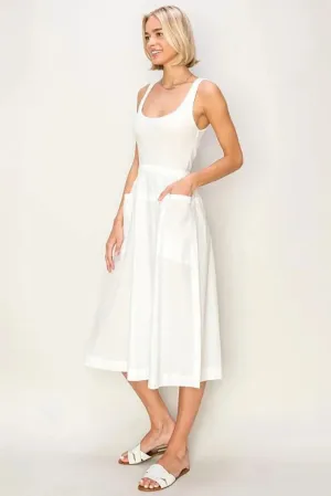 Classic Square Neck Fitted Bodice Pockets Cotton Midi Dress