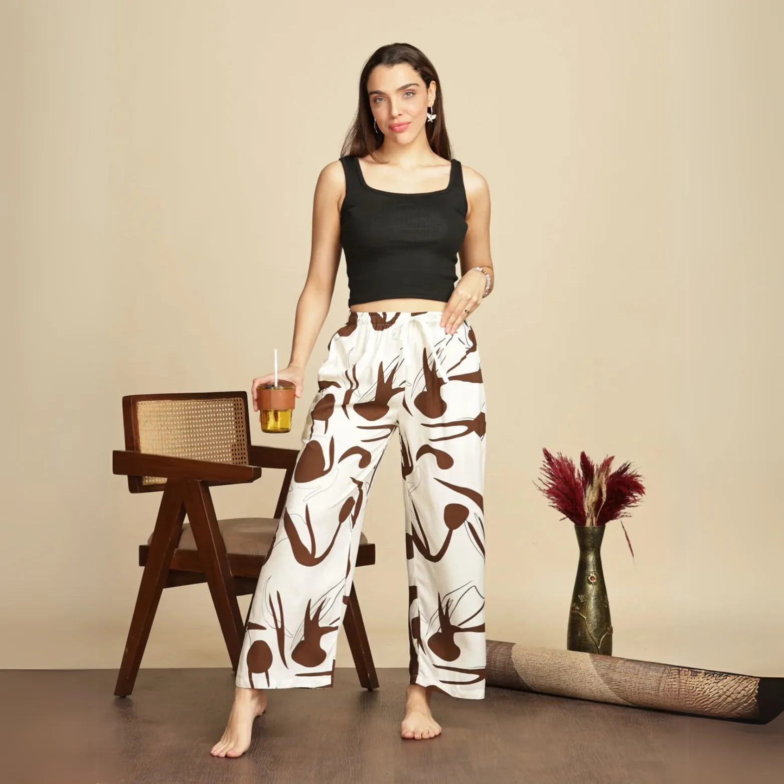 Cream Cookie Printed Palazzo Pants for Women in Soft Rayon Fabric