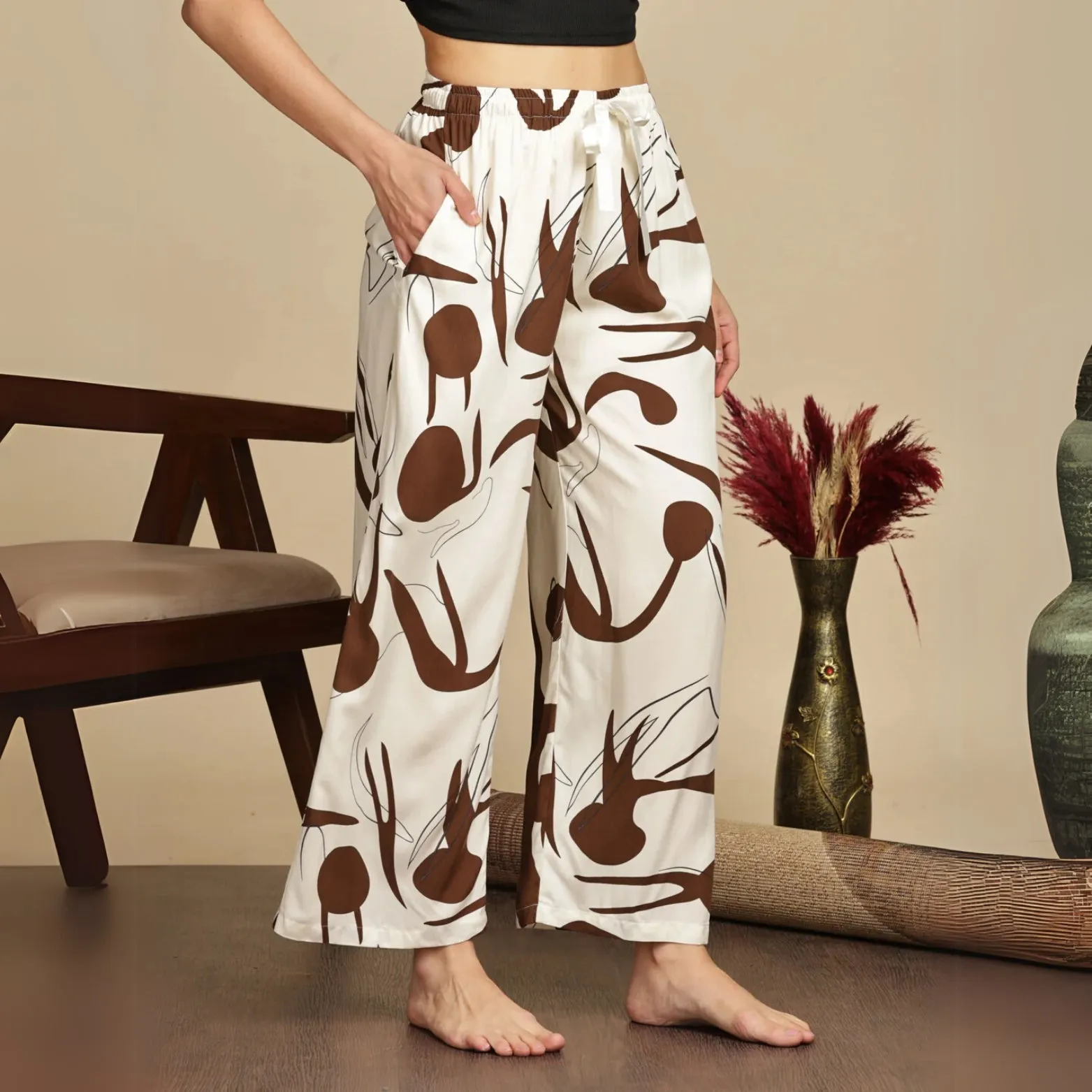 Cream Cookie Printed Palazzo Pants for Women in Soft Rayon Fabric