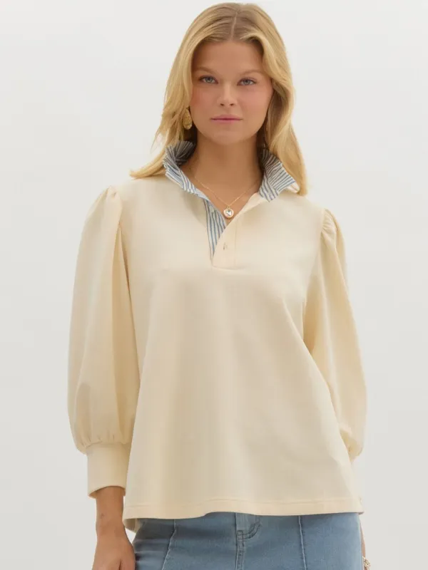 Cream Striped Collar Top
