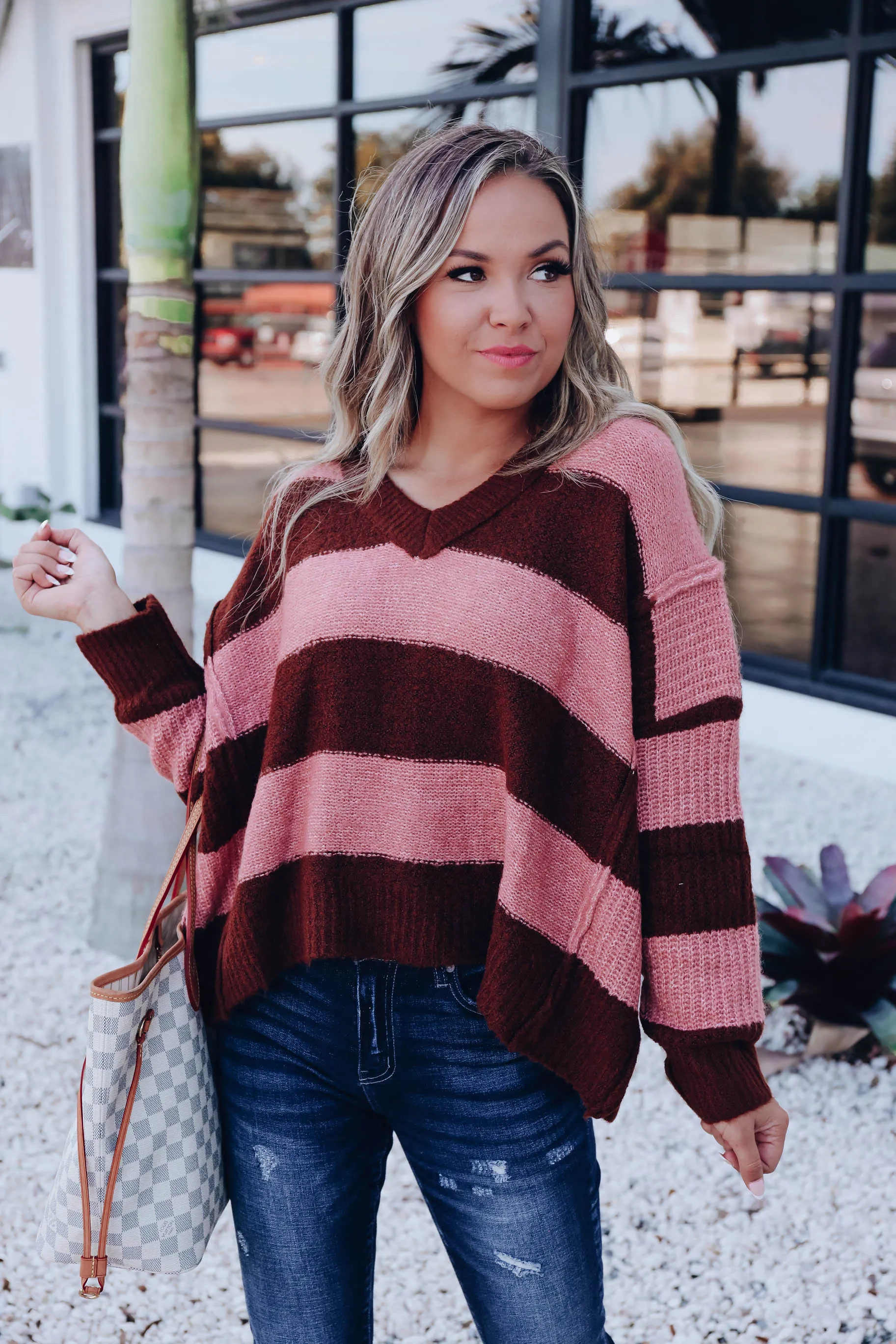 Eleanor Striped Knit Sweater- Mauve/Brown