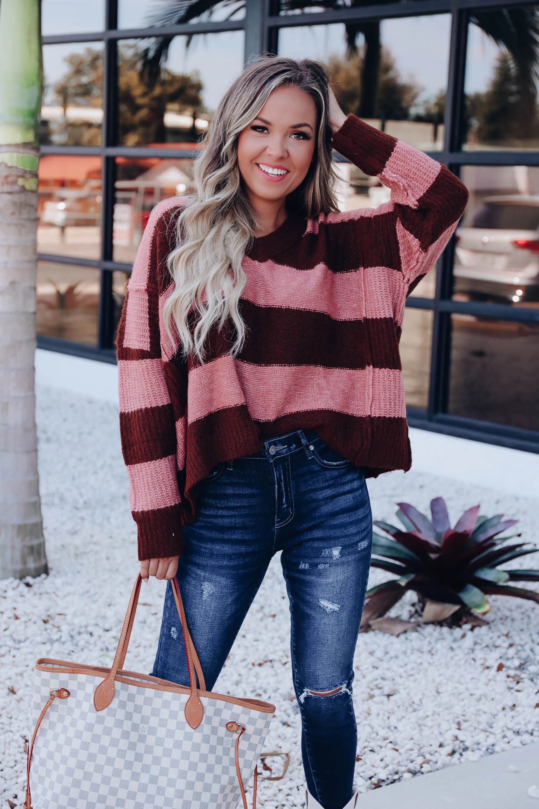 Eleanor Striped Knit Sweater- Mauve/Brown