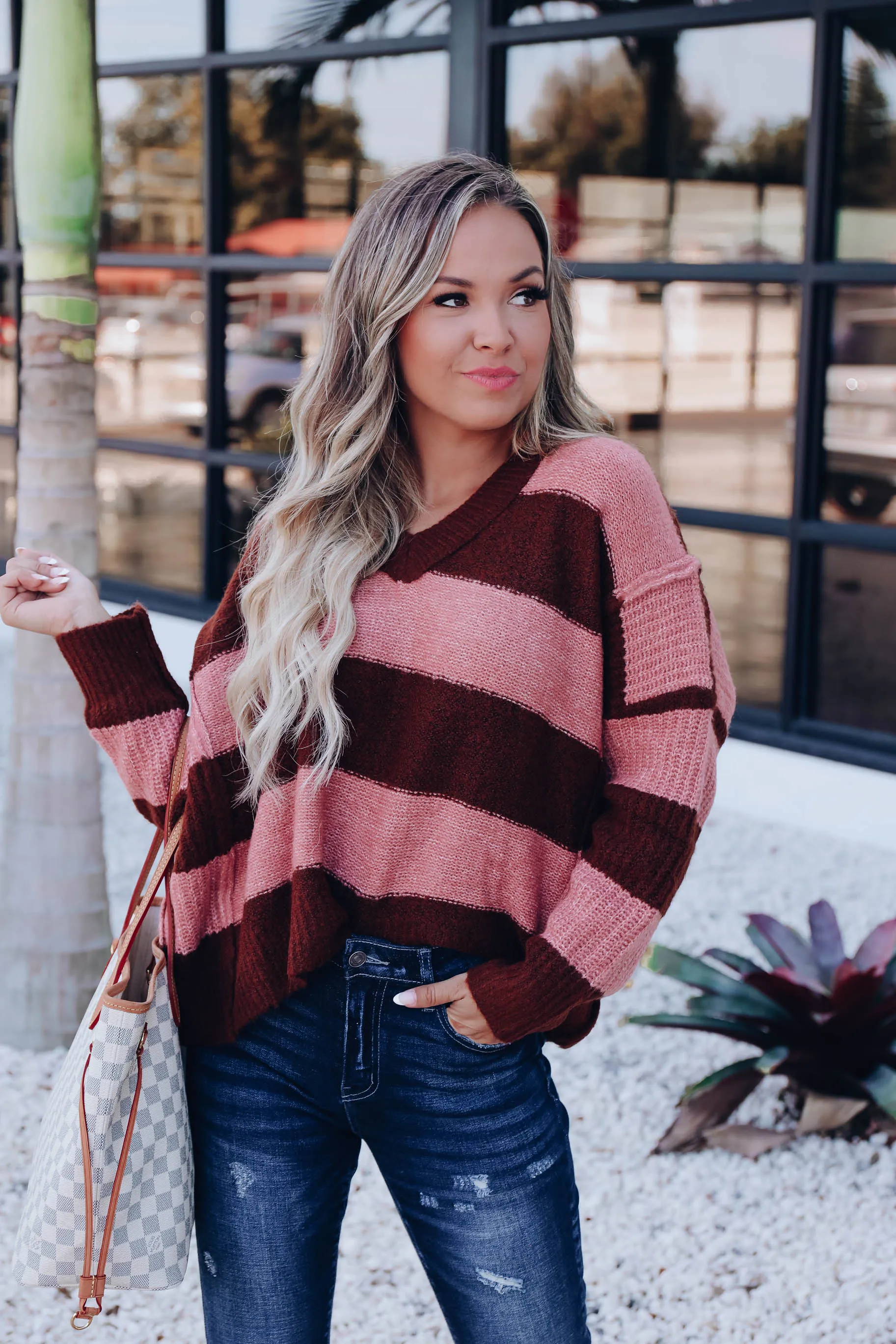 Eleanor Striped Knit Sweater- Mauve/Brown