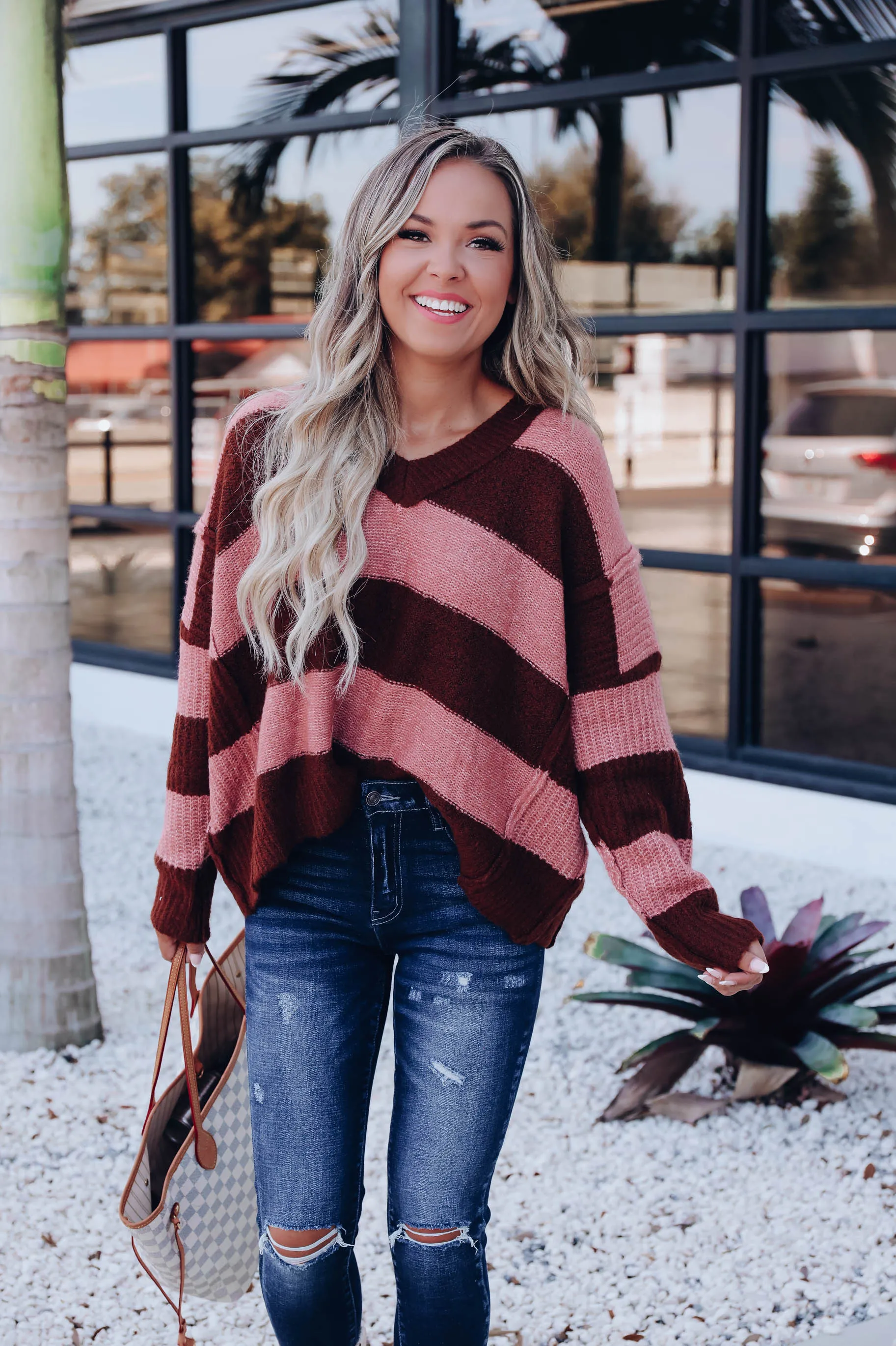 Eleanor Striped Knit Sweater- Mauve/Brown