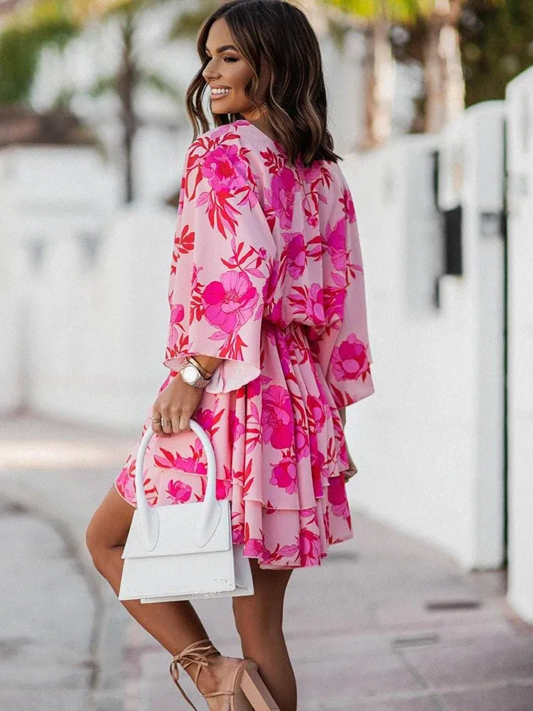 Elegant Office Dress for Women – Casual Bat Sleeve Flowers Print Bohemian Beach Vacation Sundress, Women Summer Ruffle Mini Dresses