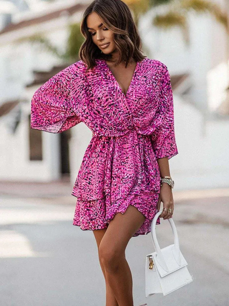 Elegant Office Dress for Women – Casual Bat Sleeve Flowers Print Bohemian Beach Vacation Sundress, Women Summer Ruffle Mini Dresses