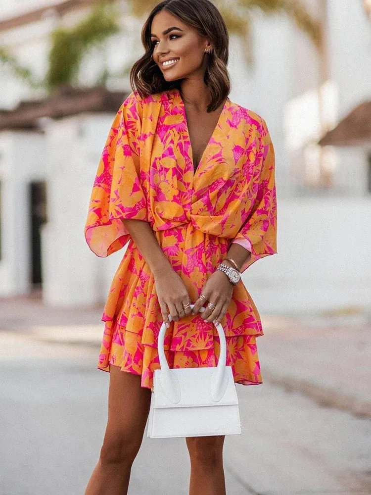 Elegant Office Dress for Women – Casual Bat Sleeve Flowers Print Bohemian Beach Vacation Sundress, Women Summer Ruffle Mini Dresses