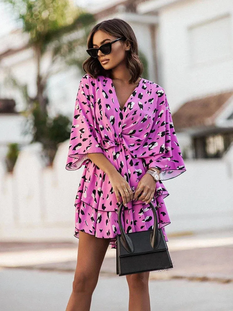 Elegant Office Dress for Women – Casual Bat Sleeve Flowers Print Bohemian Beach Vacation Sundress, Women Summer Ruffle Mini Dresses
