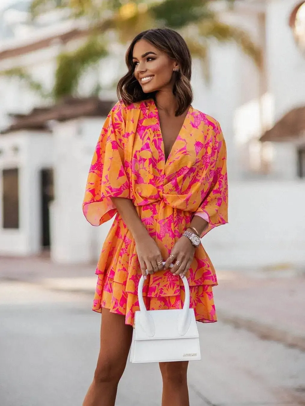 Elegant Office Dress for Women – Casual Bat Sleeve Flowers Print Bohemian Beach Vacation Sundress, Women Summer Ruffle Mini Dresses
