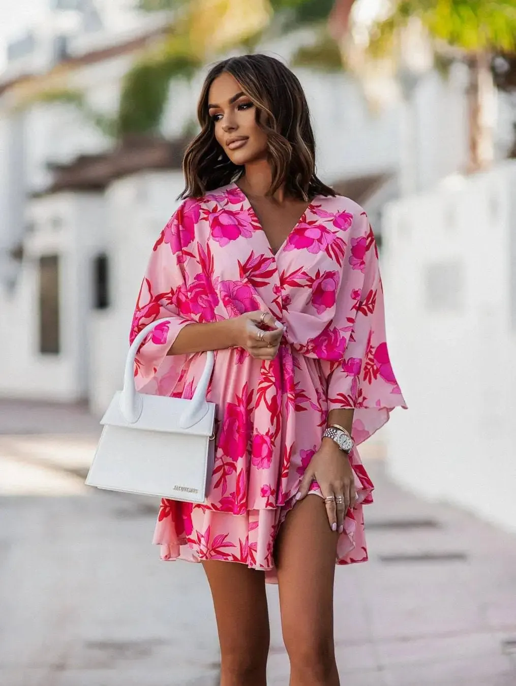 Elegant Office Dress for Women – Casual Bat Sleeve Flowers Print Bohemian Beach Vacation Sundress, Women Summer Ruffle Mini Dresses