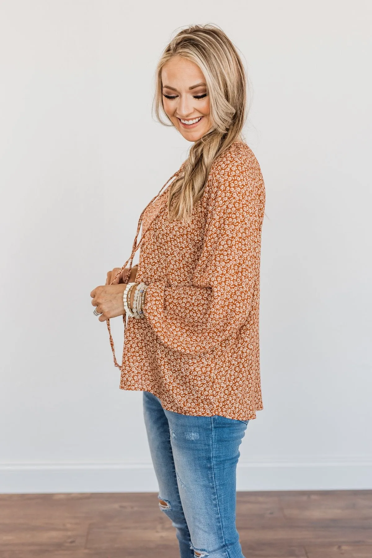 Fall Leaves & Pumpkins Please Floral Blouse- Rust