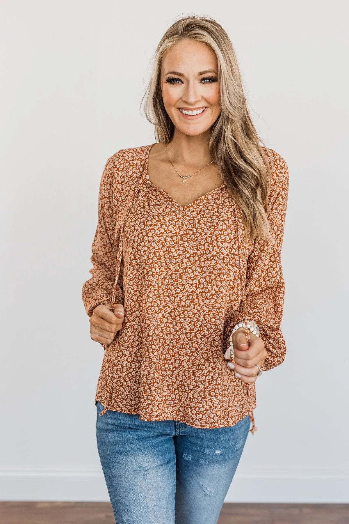 Fall Leaves & Pumpkins Please Floral Blouse- Rust