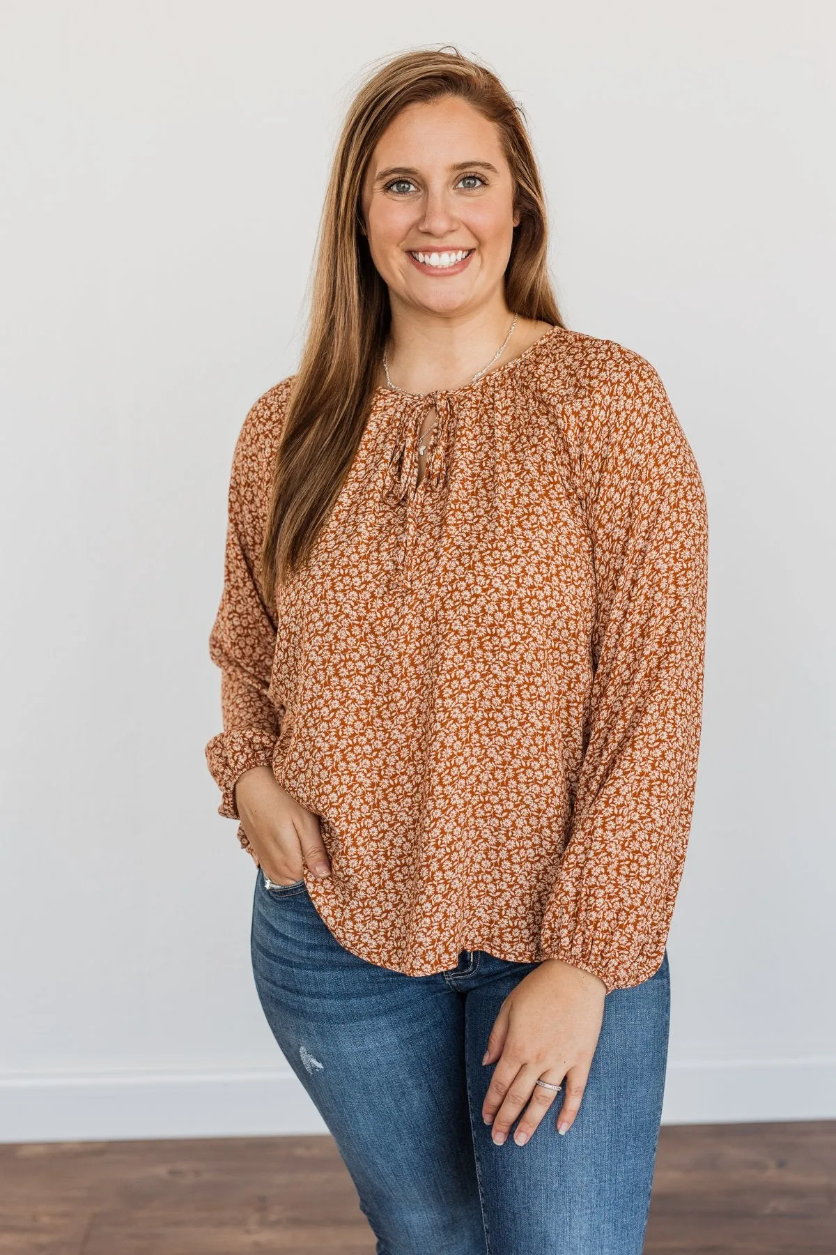 Fall Leaves & Pumpkins Please Floral Blouse- Rust