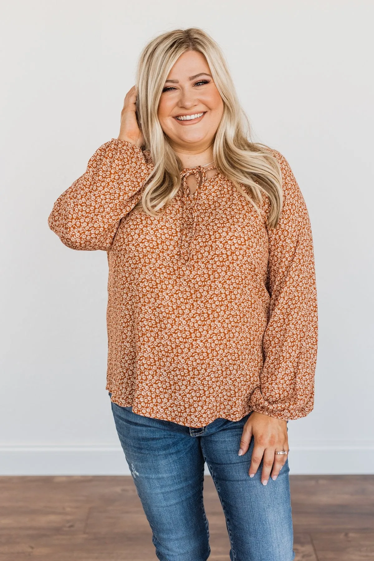 Fall Leaves & Pumpkins Please Floral Blouse- Rust