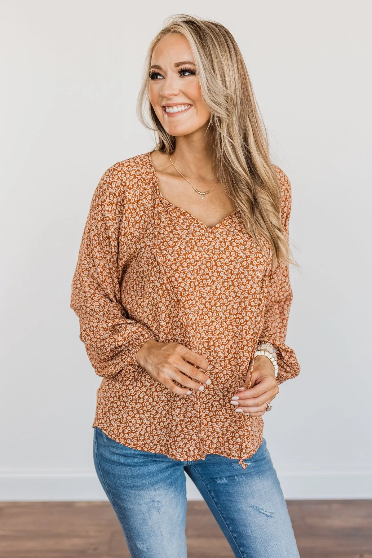 Fall Leaves & Pumpkins Please Floral Blouse- Rust