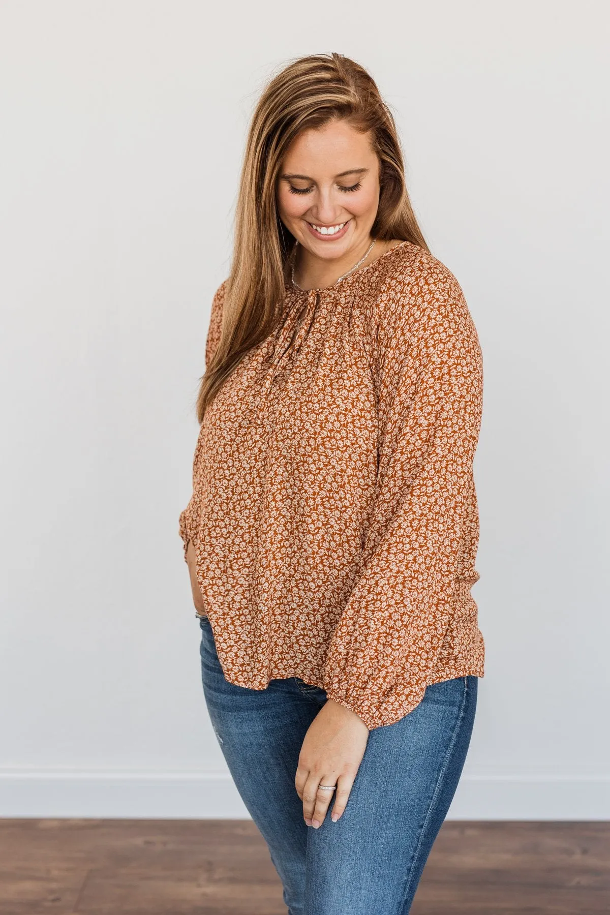 Fall Leaves & Pumpkins Please Floral Blouse- Rust