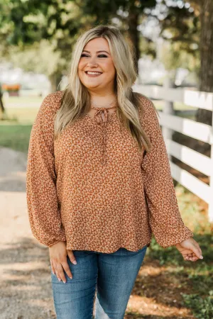 Fall Leaves & Pumpkins Please Floral Blouse- Rust