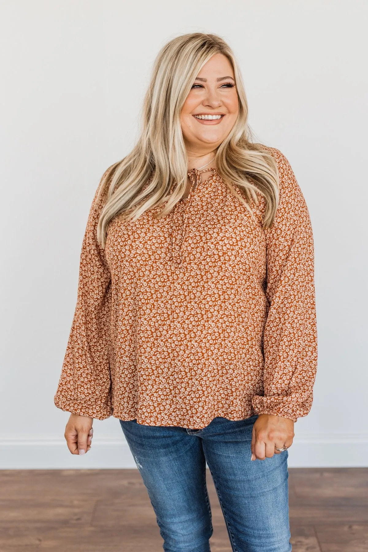 Fall Leaves & Pumpkins Please Floral Blouse- Rust