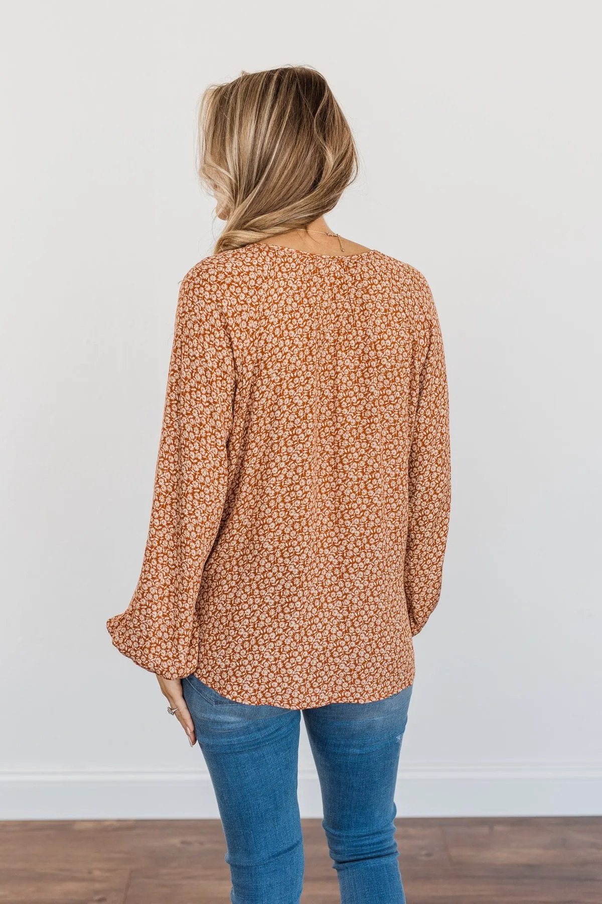 Fall Leaves & Pumpkins Please Floral Blouse- Rust
