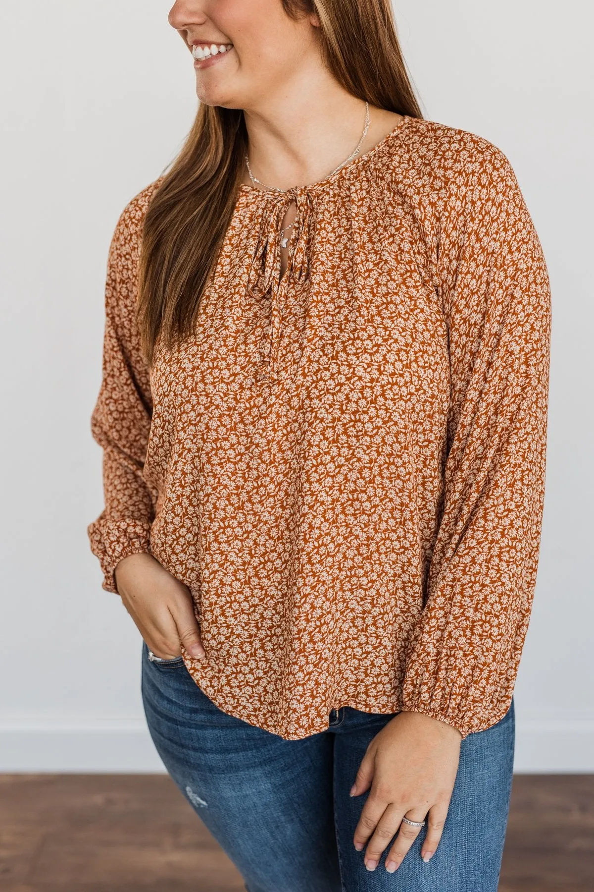 Fall Leaves & Pumpkins Please Floral Blouse- Rust