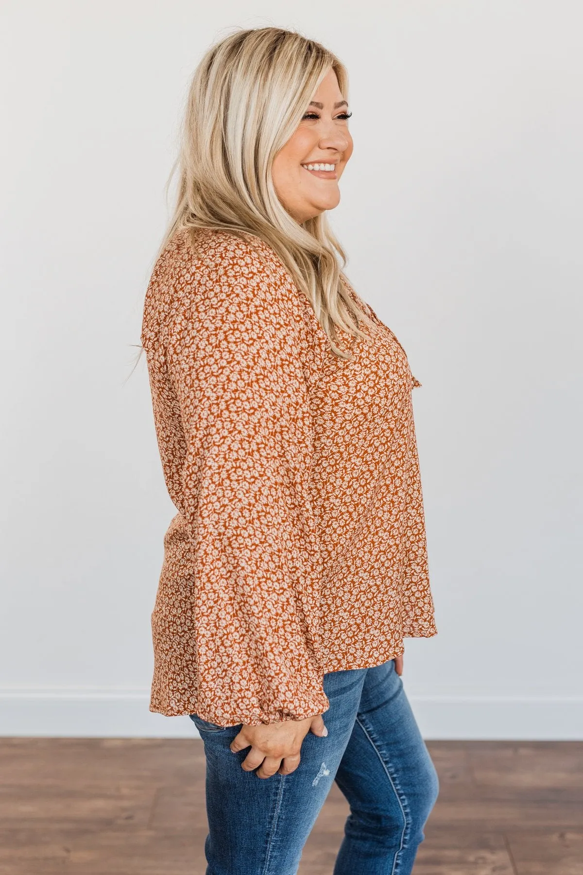 Fall Leaves & Pumpkins Please Floral Blouse- Rust
