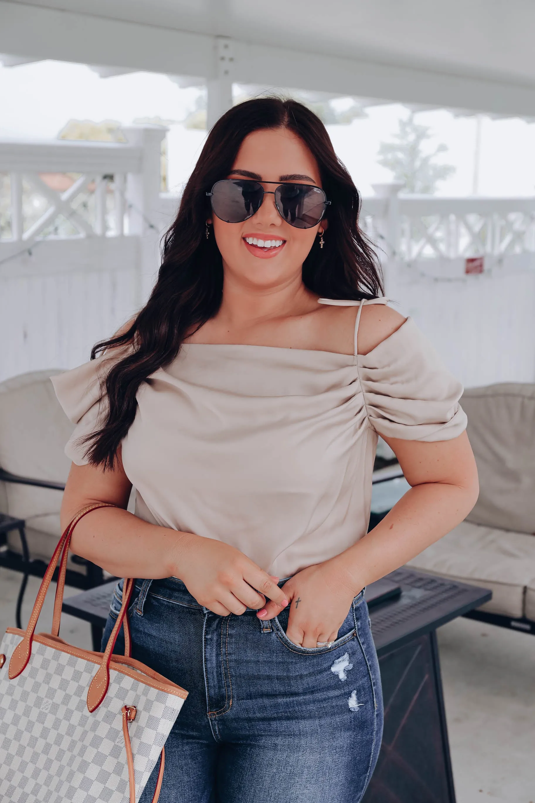 Finlay Tie Shoulder Satin Bodysuit - Taupe