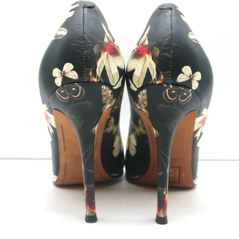 Givenchy Butterfly Floral Print Pumps Black Leather Size 38 Pointed Toe Heels