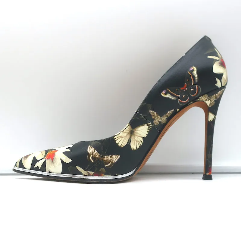 Givenchy Butterfly Floral Print Pumps Black Leather Size 38 Pointed Toe Heels