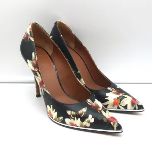 Givenchy Butterfly Floral Print Pumps Black Leather Size 38 Pointed Toe Heels