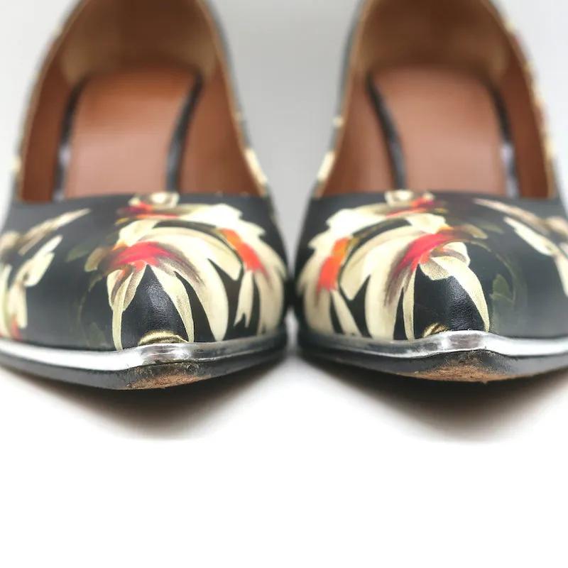 Givenchy Butterfly Floral Print Pumps Black Leather Size 38 Pointed Toe Heels