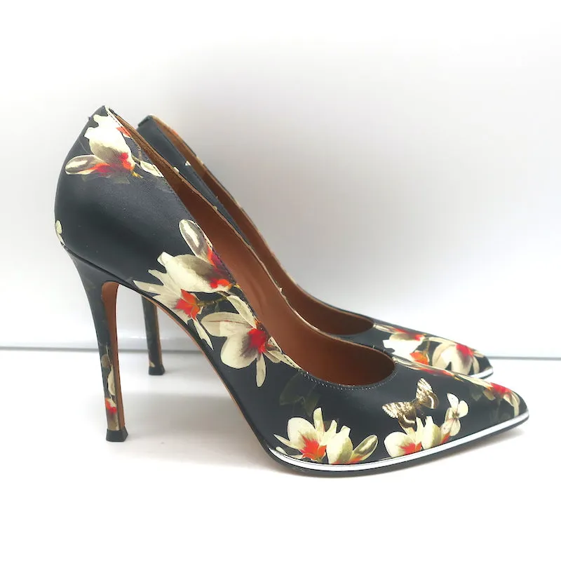 Givenchy Butterfly Floral Print Pumps Black Leather Size 38 Pointed Toe Heels