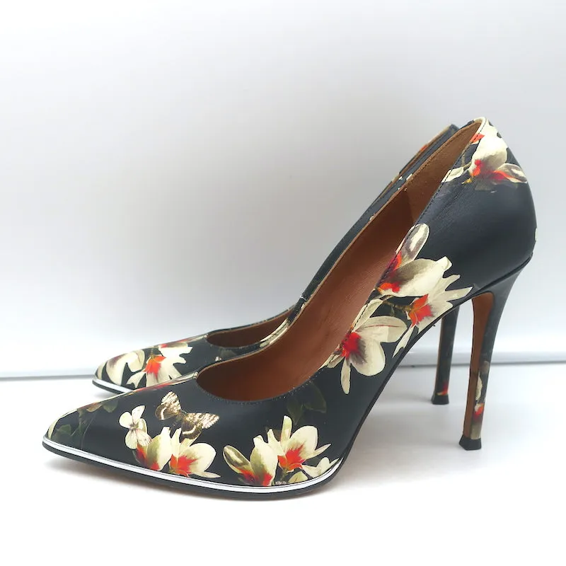 Givenchy Butterfly Floral Print Pumps Black Leather Size 38 Pointed Toe Heels