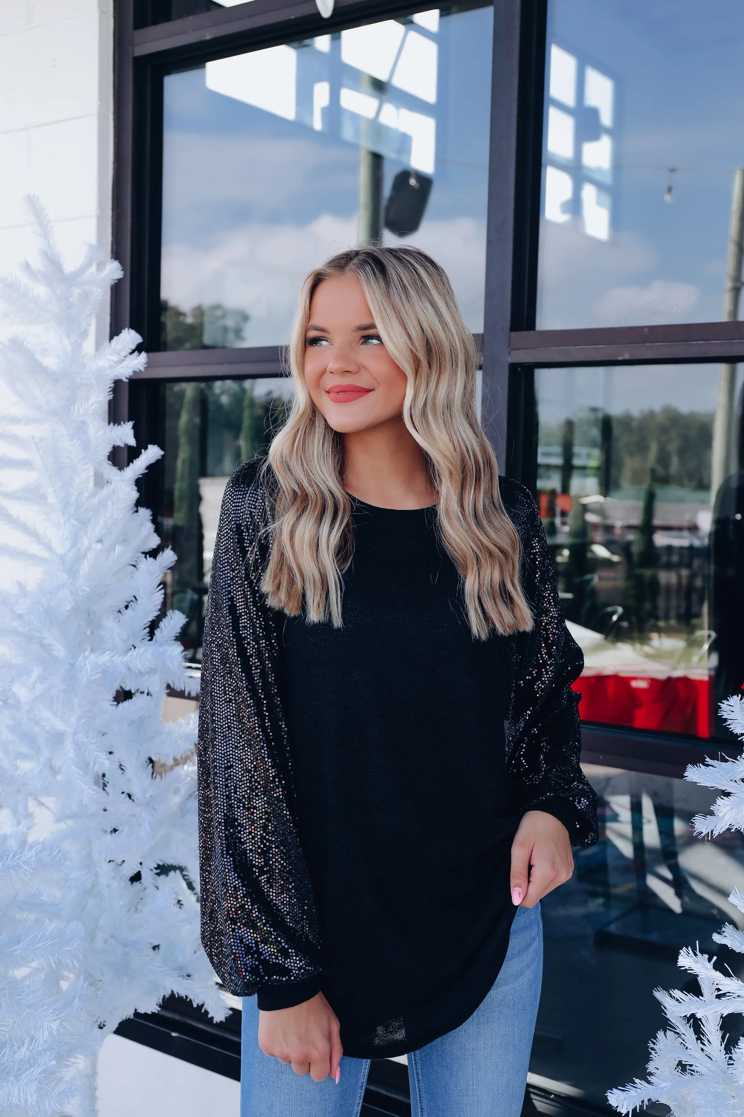 Glistening Sequin Sleeve Top - Black