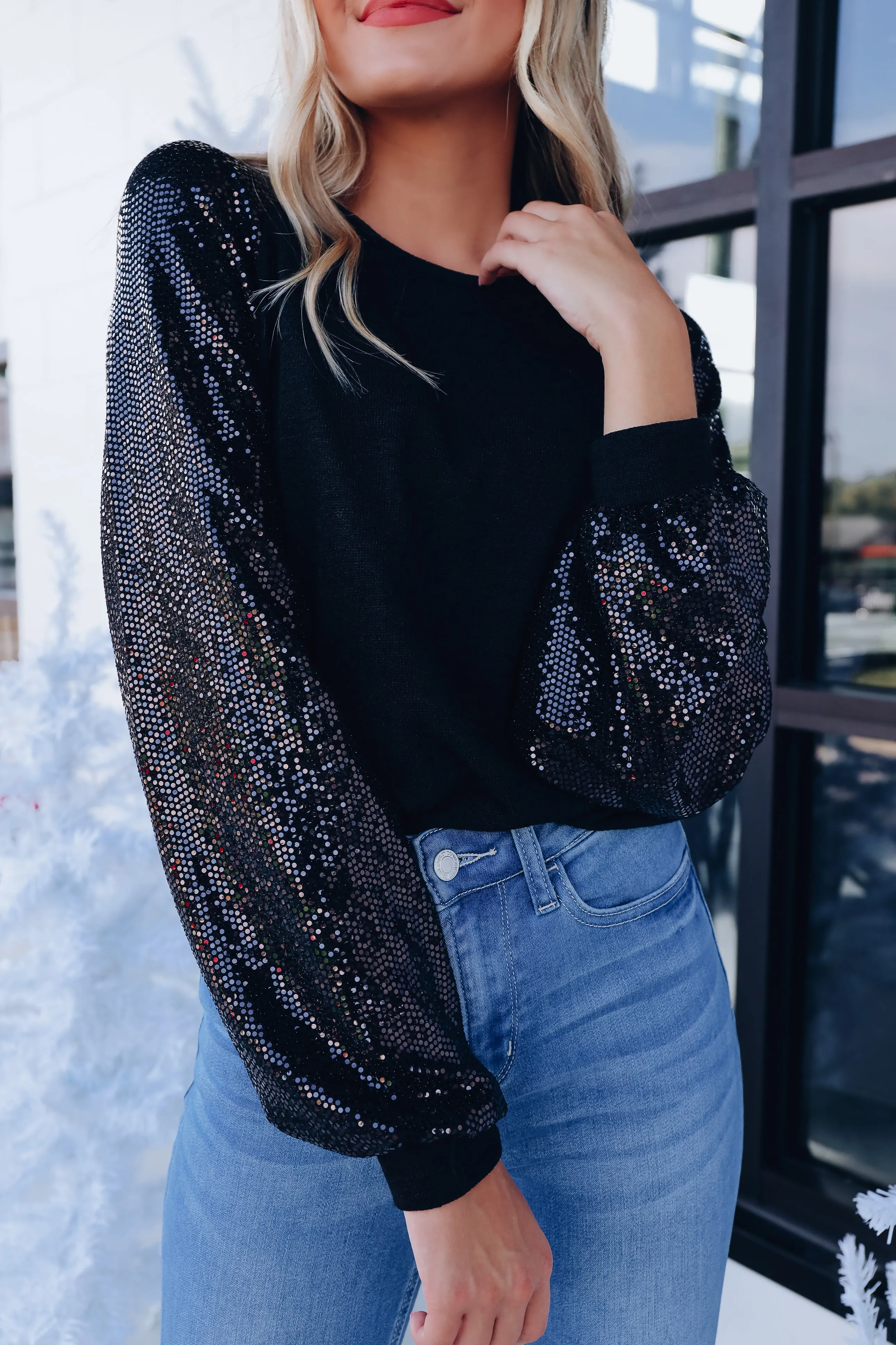 Glistening Sequin Sleeve Top - Black