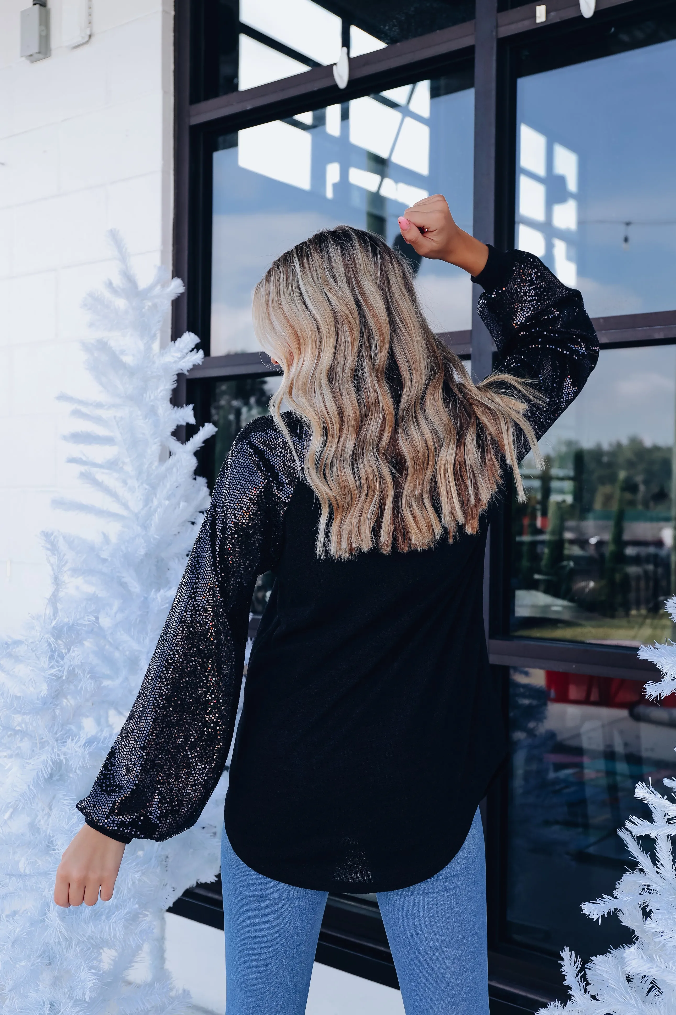 Glistening Sequin Sleeve Top - Black