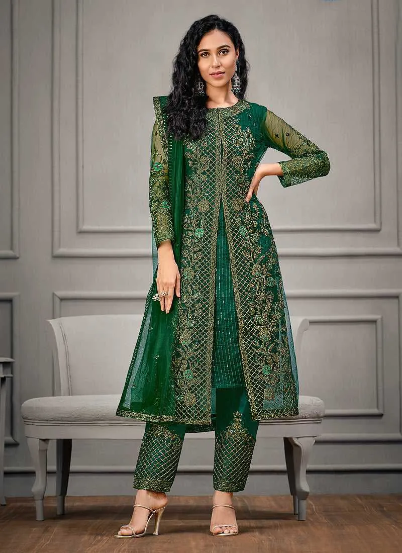 Green Heavy Embroidered Designer Stylish Pant Suit