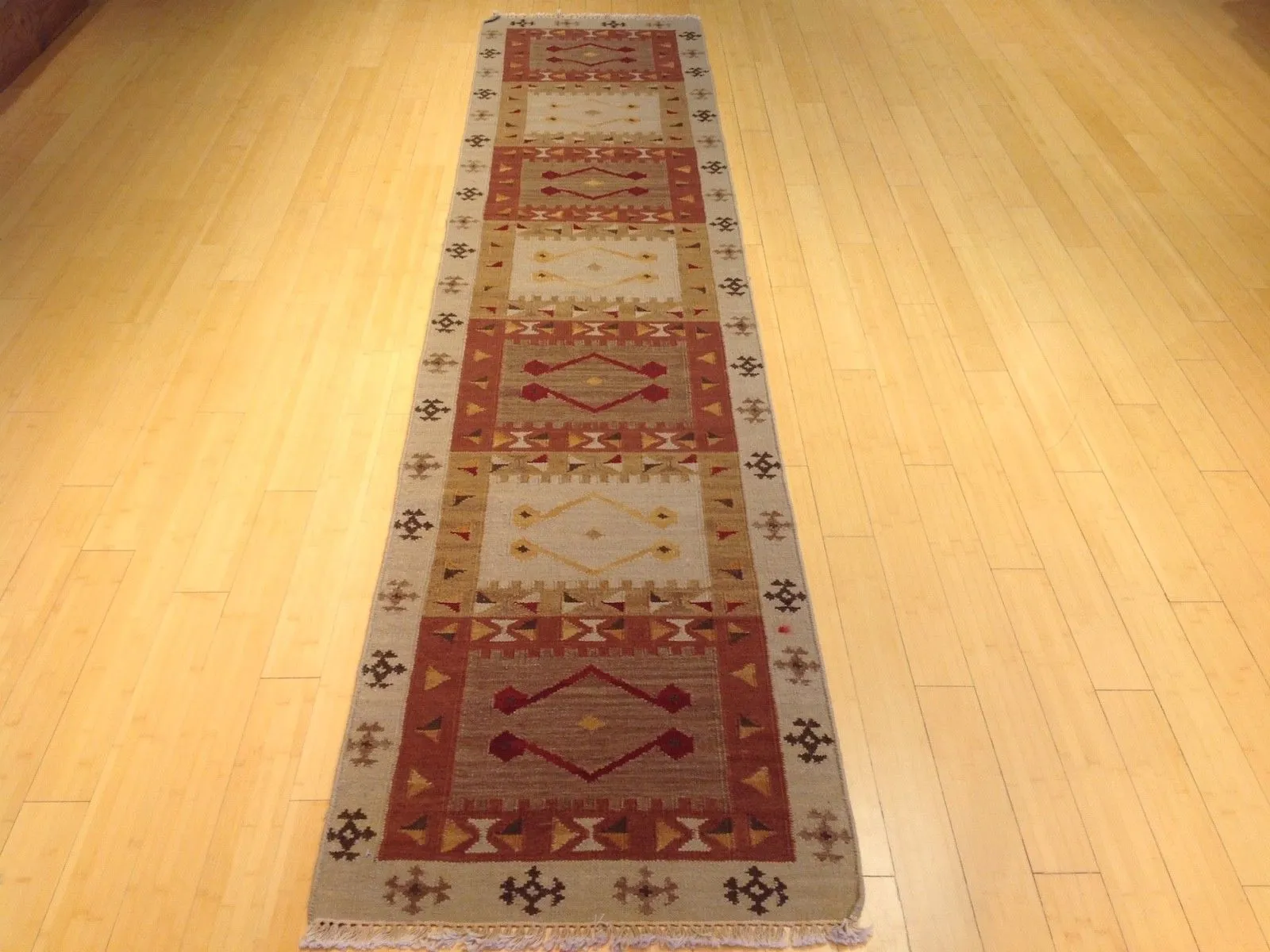 Hand-Woven Indo Durrie Tribal Design Handmade 100% Wool (Size 2.6 X 11.9) Brral-5052