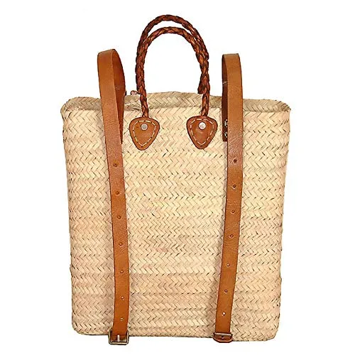 Handmade French Market Backpack Basket with Tan or Brown Leather Handles