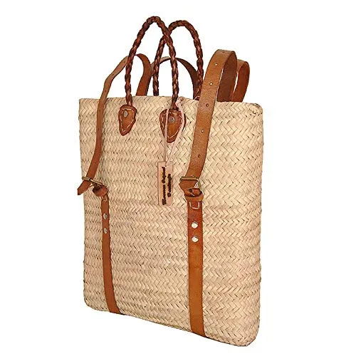Handmade French Market Backpack Basket with Tan or Brown Leather Handles