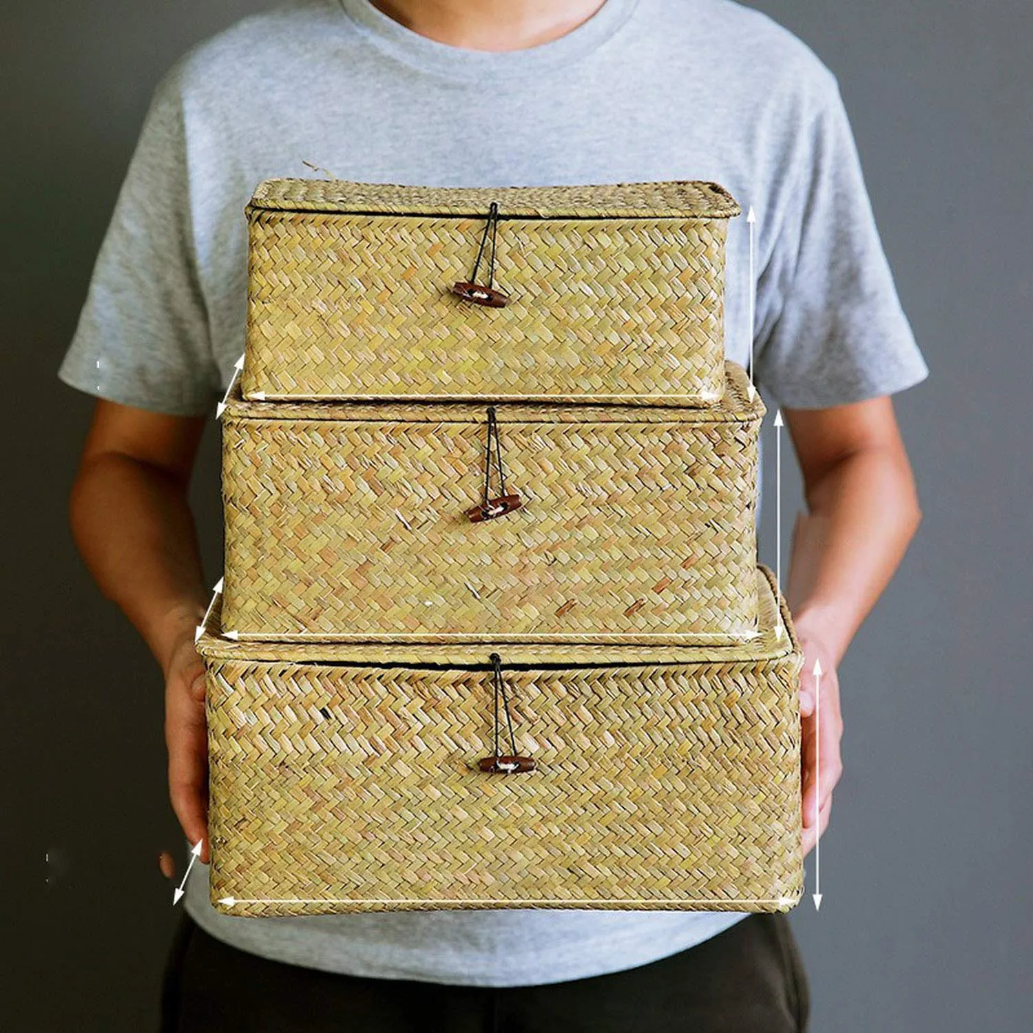 Homlly Handmade Woven Straw Storage boxes w lids (3 pcs sets)