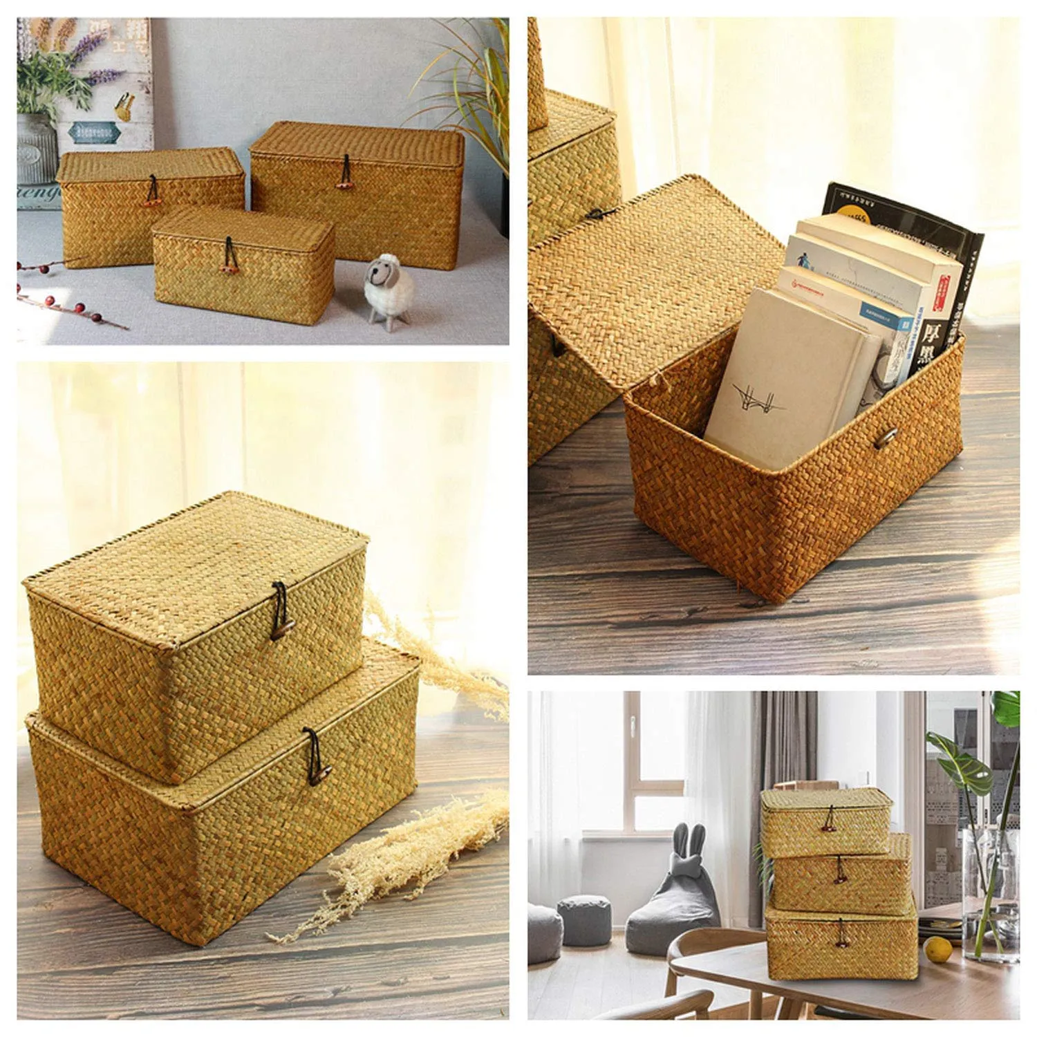 Homlly Handmade Woven Straw Storage boxes w lids (3 pcs sets)