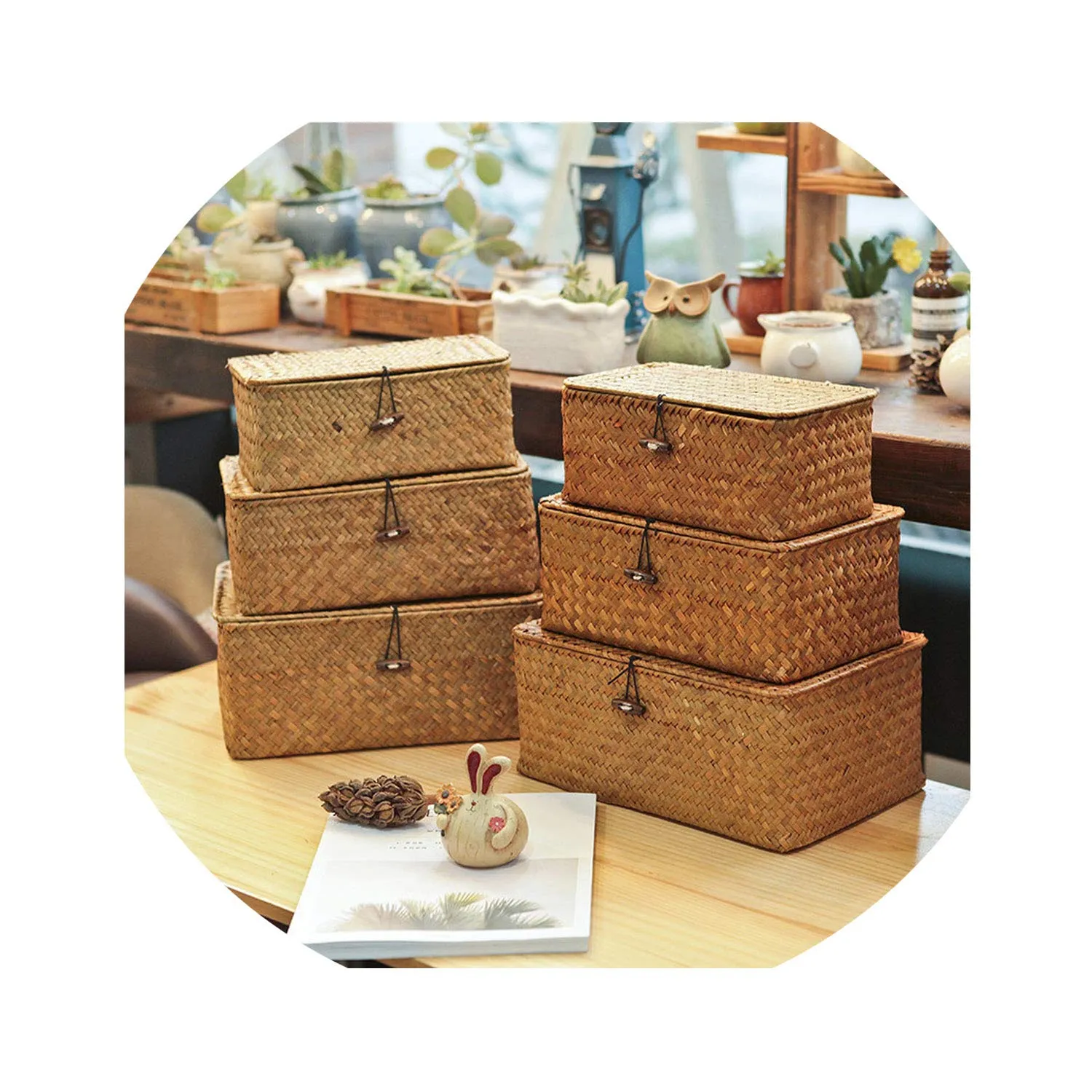 Homlly Handmade Woven Straw Storage boxes w lids (3 pcs sets)