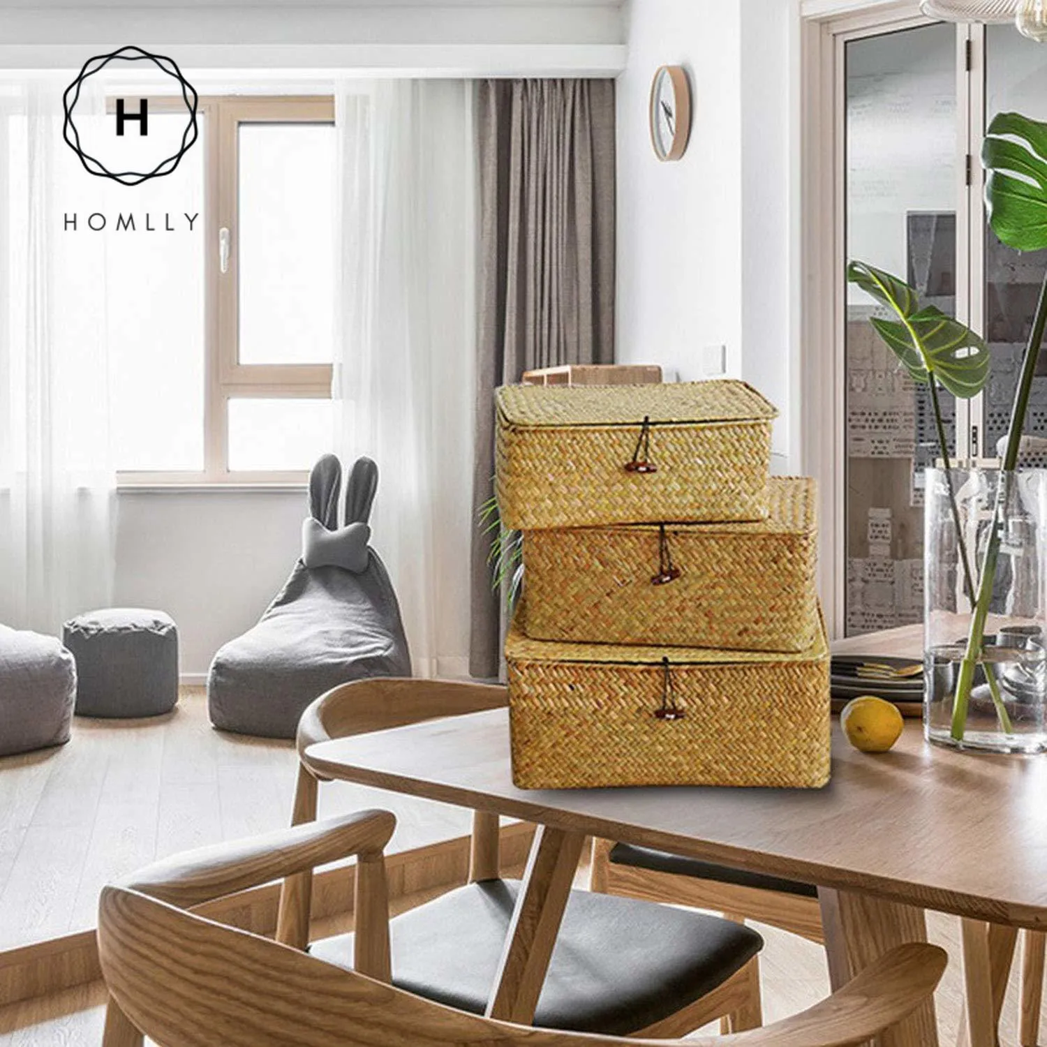 Homlly Handmade Woven Straw Storage boxes w lids (3 pcs sets)